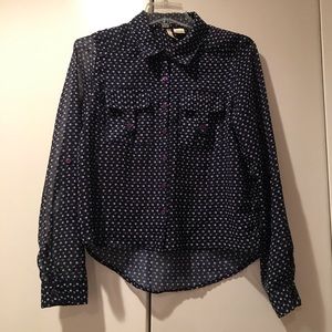 Long Sleeve Chiffon Button-Up Work Blouse in Navy